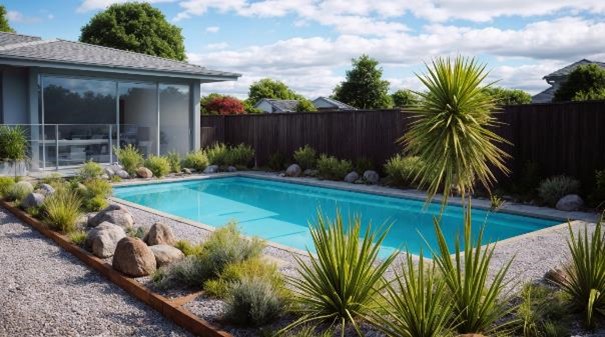 Example of xeriscaping - starkly landscaped backyard surrounding concrete pool.